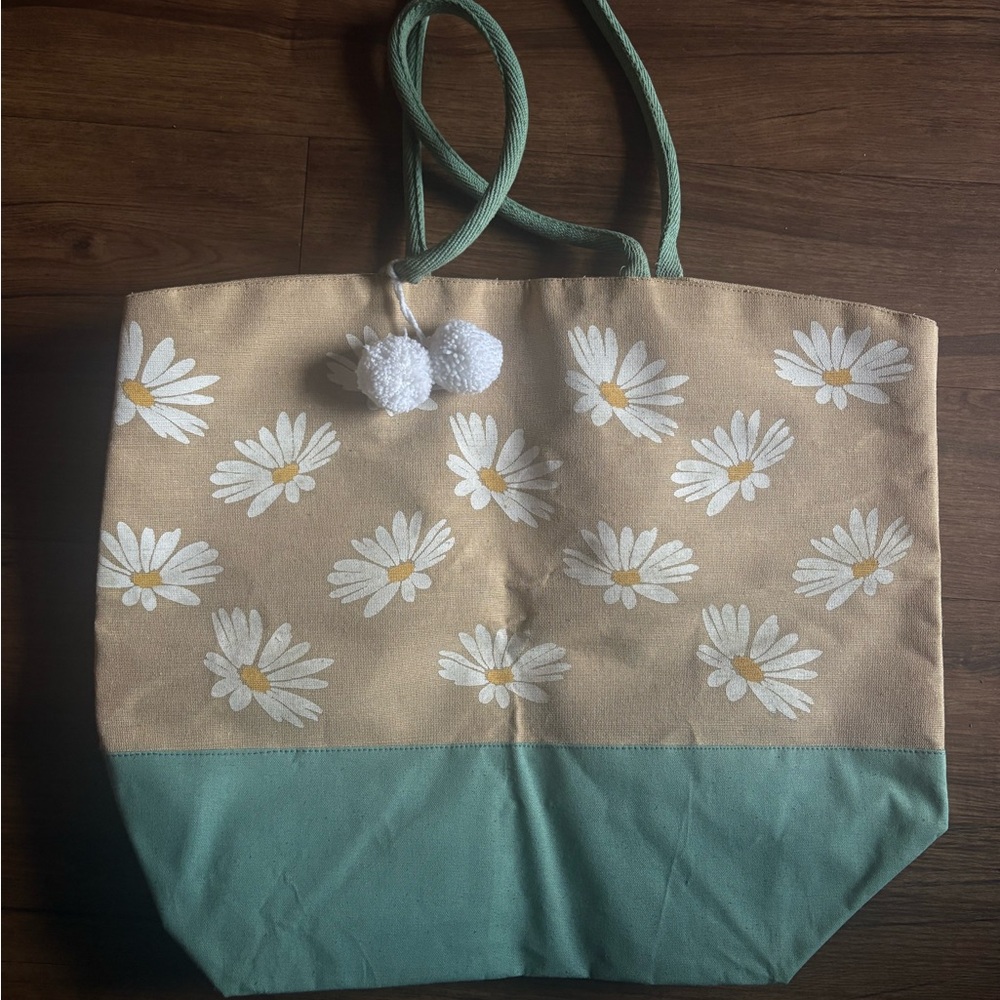 Large Daisy Print Canvas Beach Tote Bag